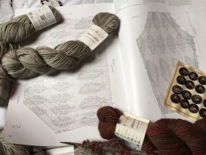 skeins of wool for leaf cardigan with pattern charts