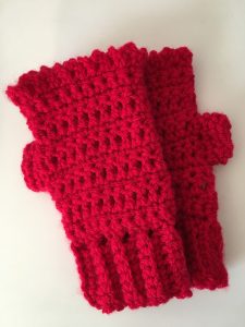 Red crochet fingerless gloves