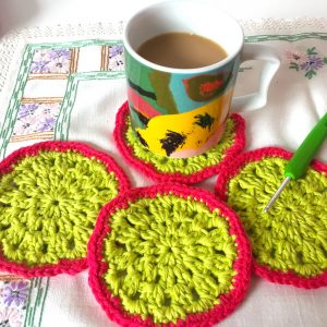 bright crocheted coasters