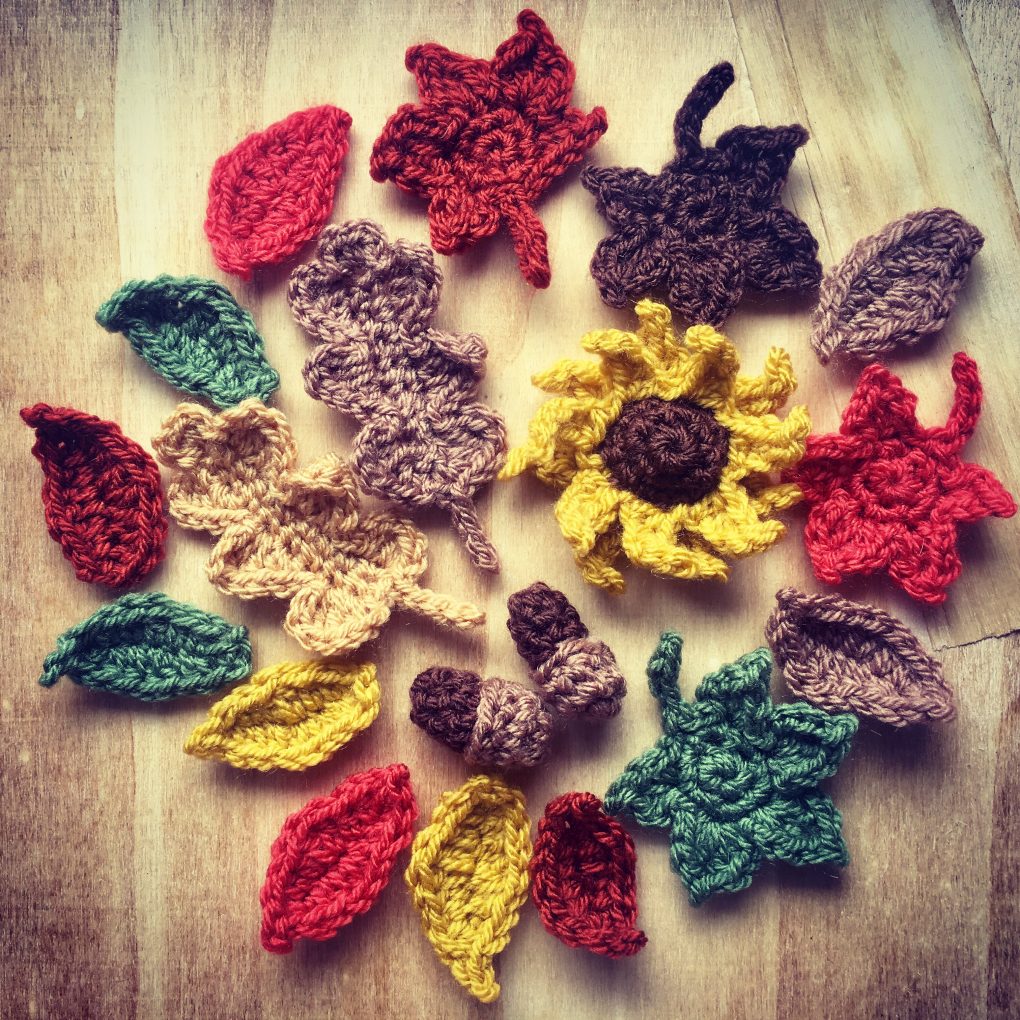 Crocheted autumn leaves acorns and flowers