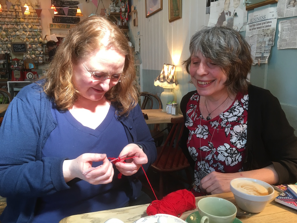 Learning to crochet at a cafe before lockdown