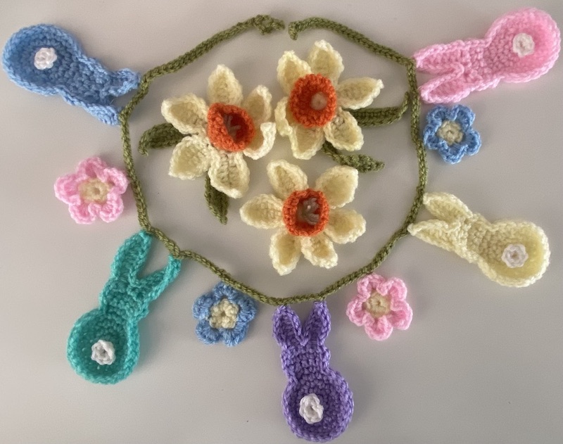 Crocheted daffodils and easter bunny garland