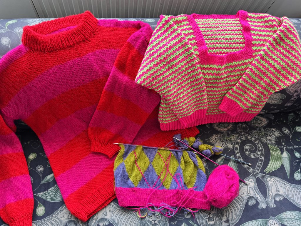 Bright yarn used in knitted and crocheted jumpers