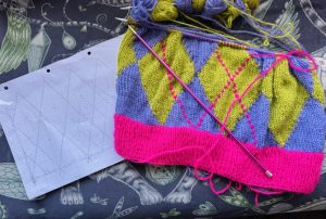 Bright yarn used in Argyle knitted jumper